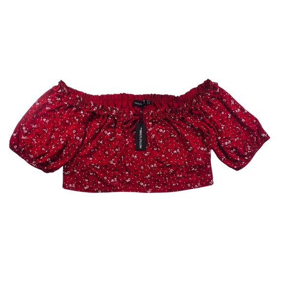 Pretty Little Thing Womens Off-shoulder Red Floral Ruffle Ruched Front Top Sz 20 - Picture 2 of 8